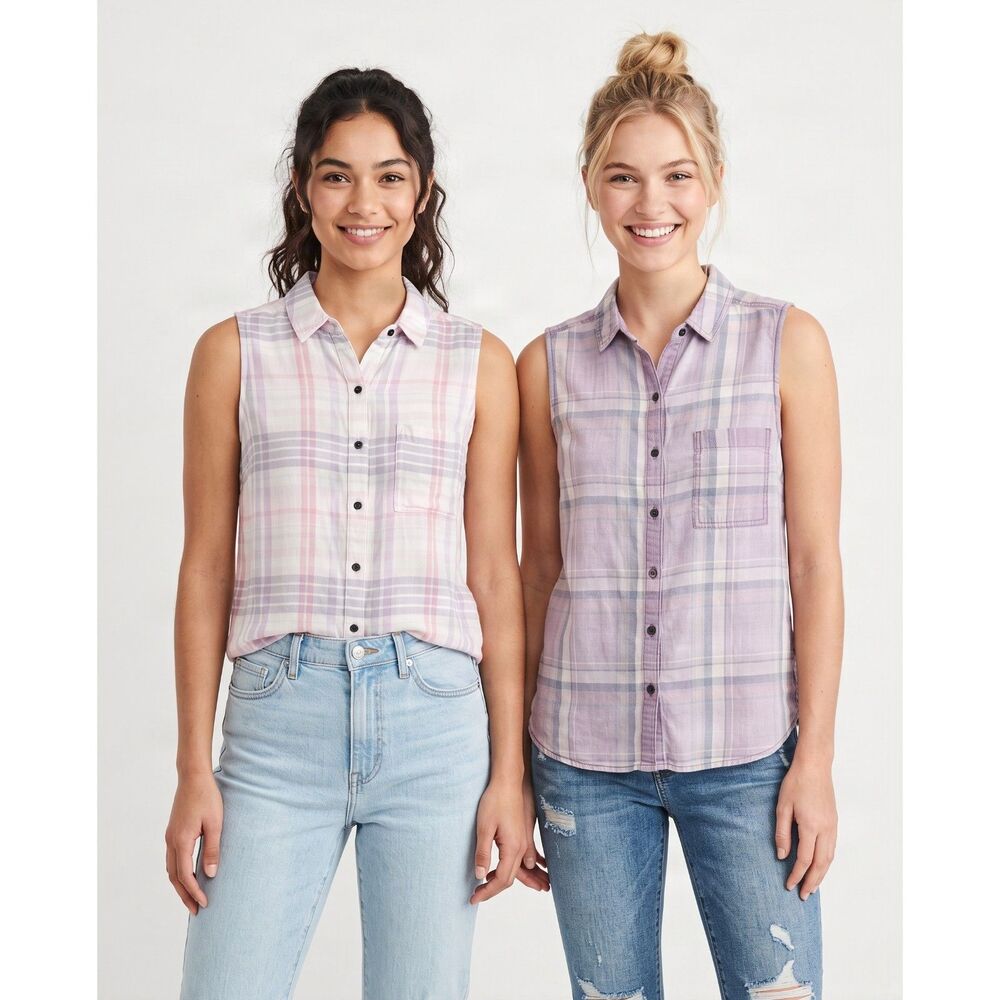 Women's SO Sleeveless Button-Front Plaid Top in Pink and Purple (2 Pieces)